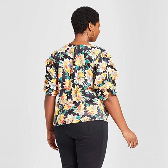 Ava & Viv Women Blouse Plus Sz X 14W Floral Print Top Black Yellow Ruched Sleeve - Picture 2 of 10